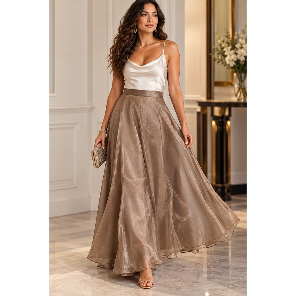 JBS LTD Shimmer Organza Maxi Skirt Taupe Bronze Formal Evening Size 10